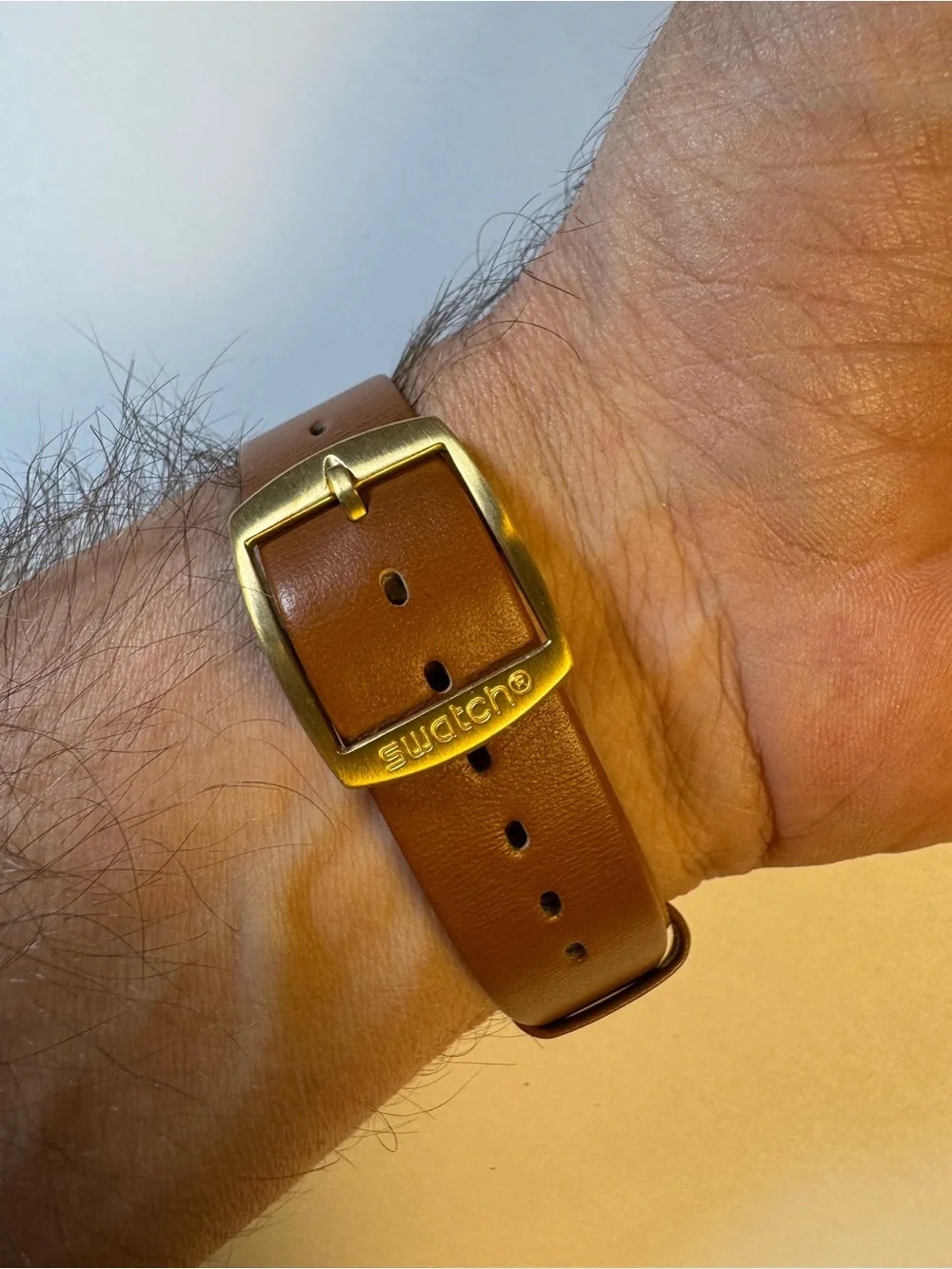 Swatch Skinsand SYXG104 gold-tone and leather analog watch